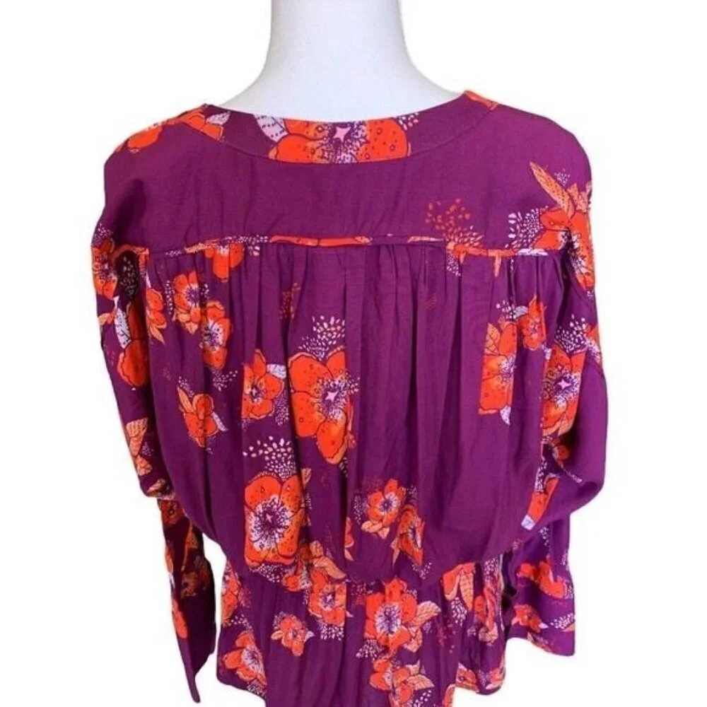 Free People Womens Top XS Tuscan Dreams Purple Orange Floral Tab Roll Sleeves - Picture 4 of 12